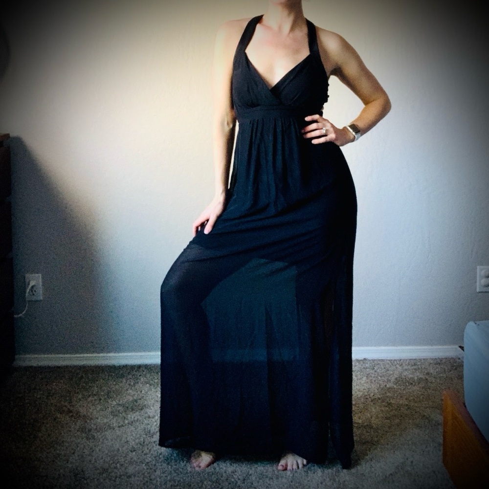 Black Maxi Gown with sheer overlay & cut out back